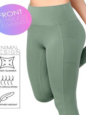 Women's Peached Seamless Front with Side Pocket Yoga Leggings Smoky Green S-XL